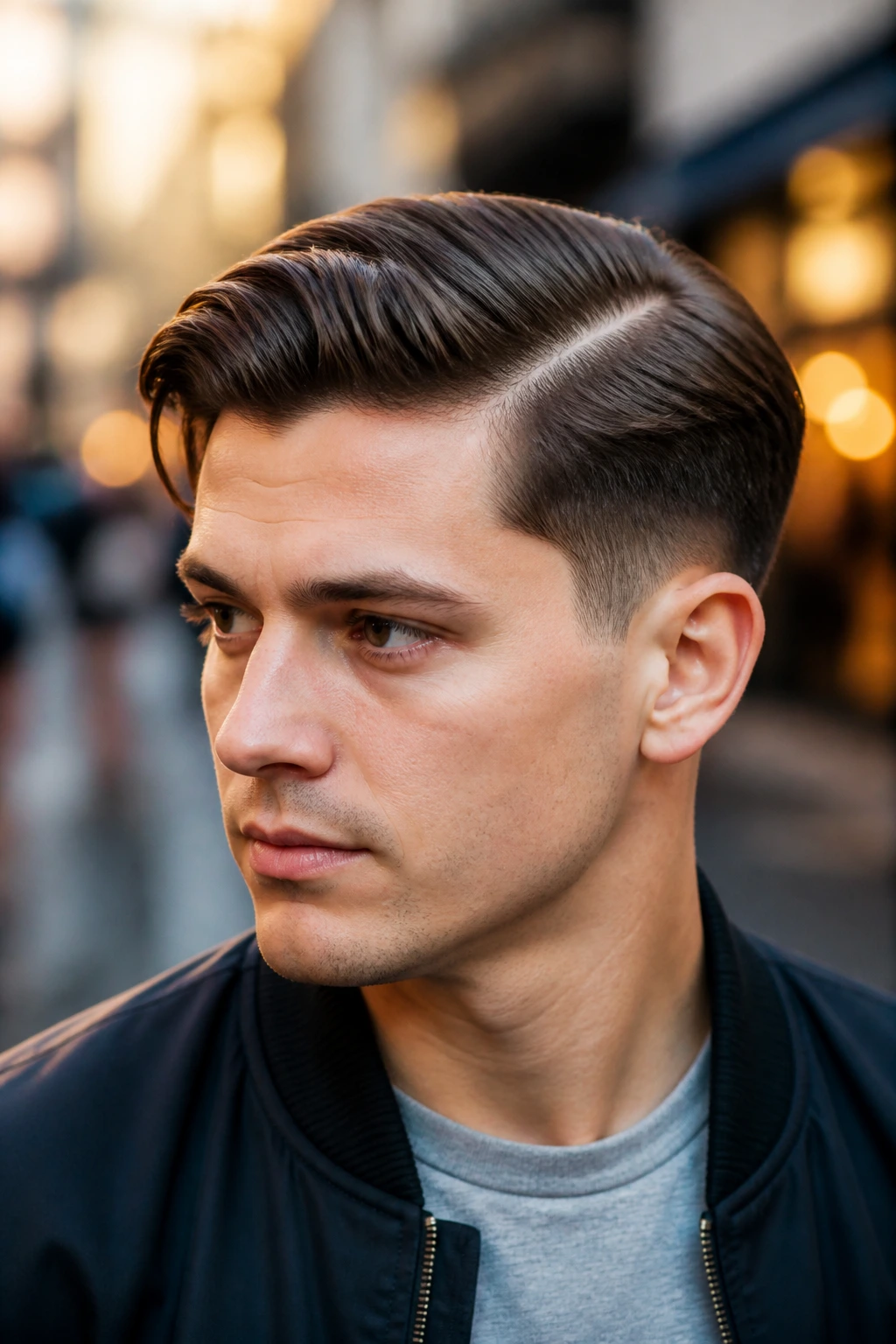 Close-up portrait of a man with Side Part Taper hairstyle on city sidewalk