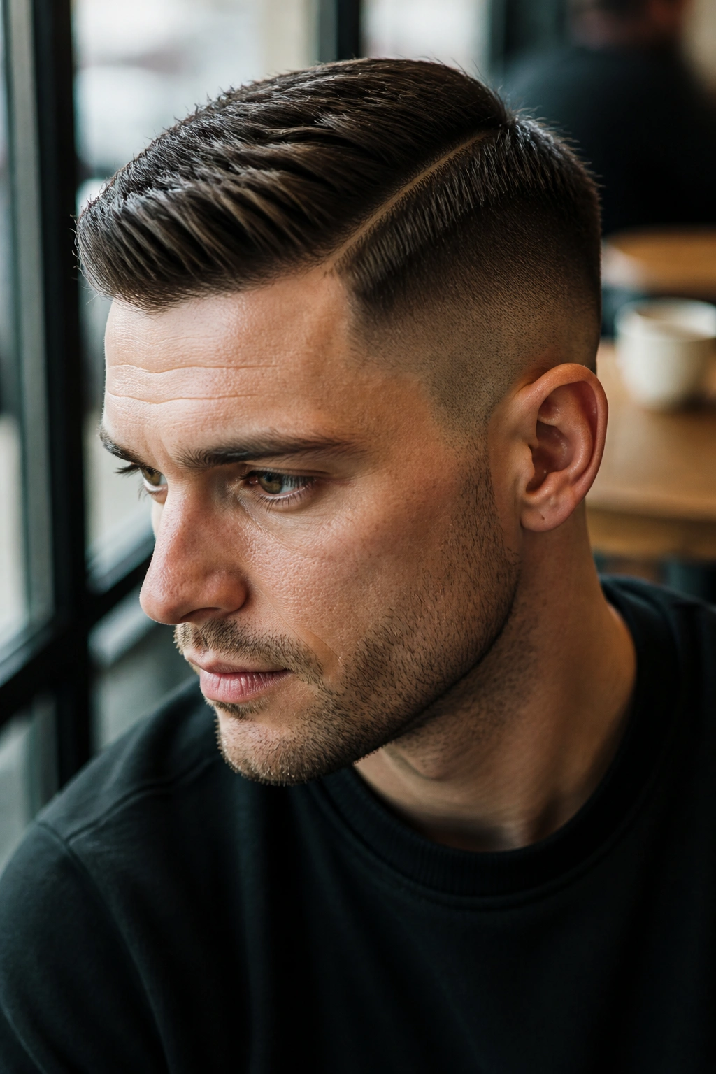 Close-up portrait of a man with a side-part undercut and textured top.