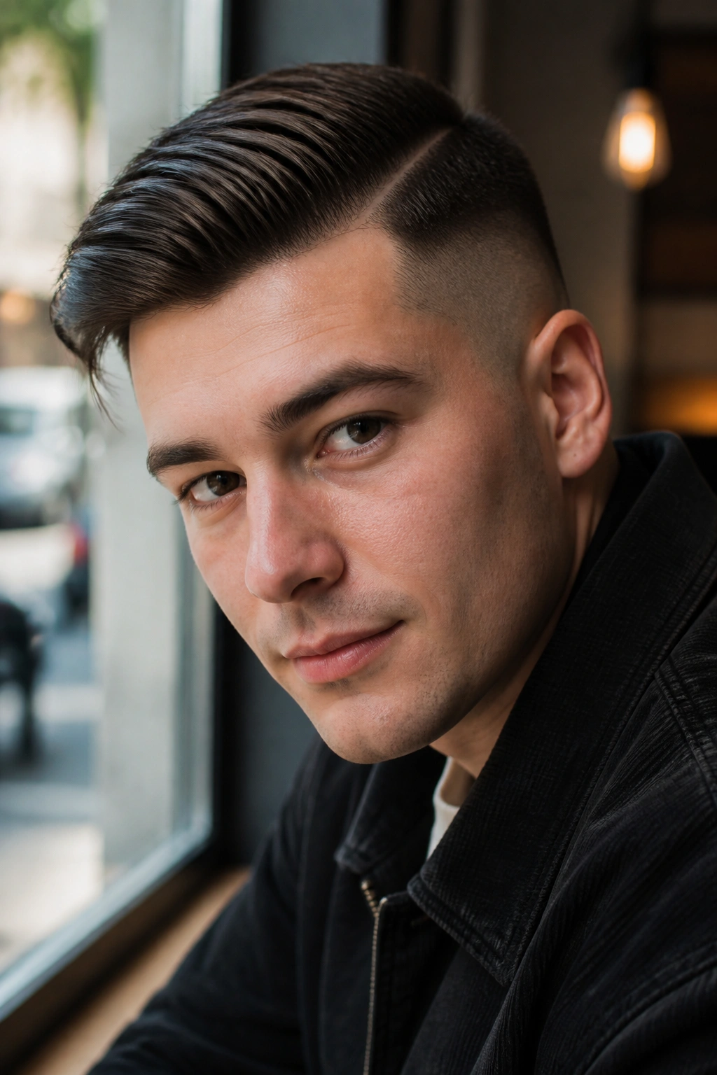 Close-up portrait of a man with a side-part undercut in cafe light