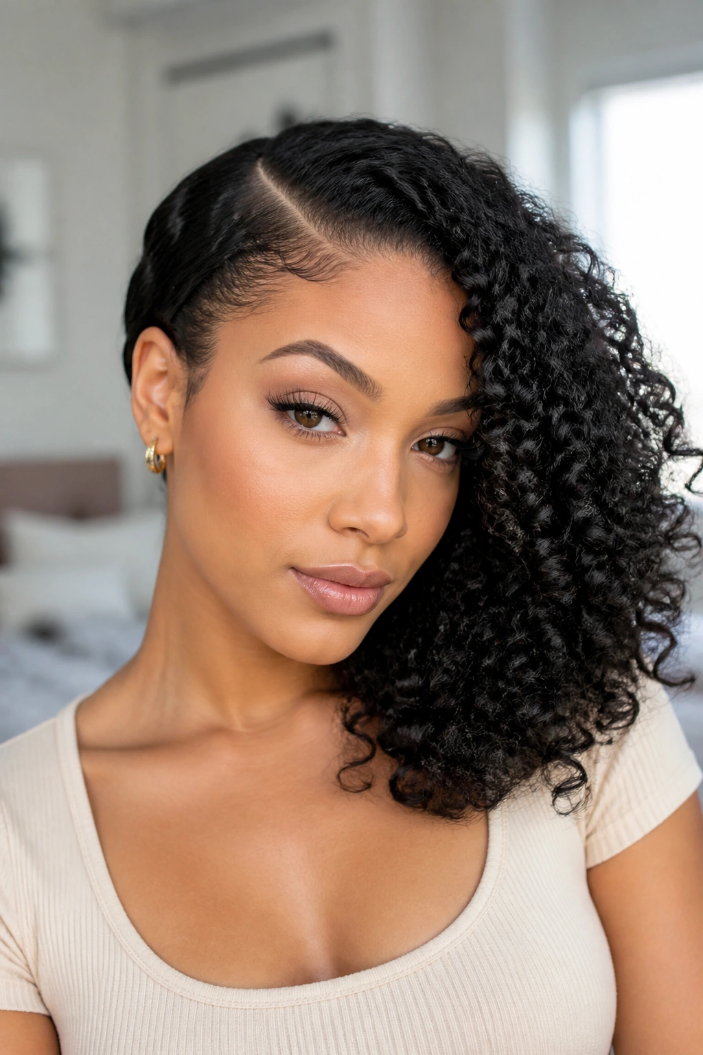 Close-up portrait of a woman with a deep side part and voluminous curls