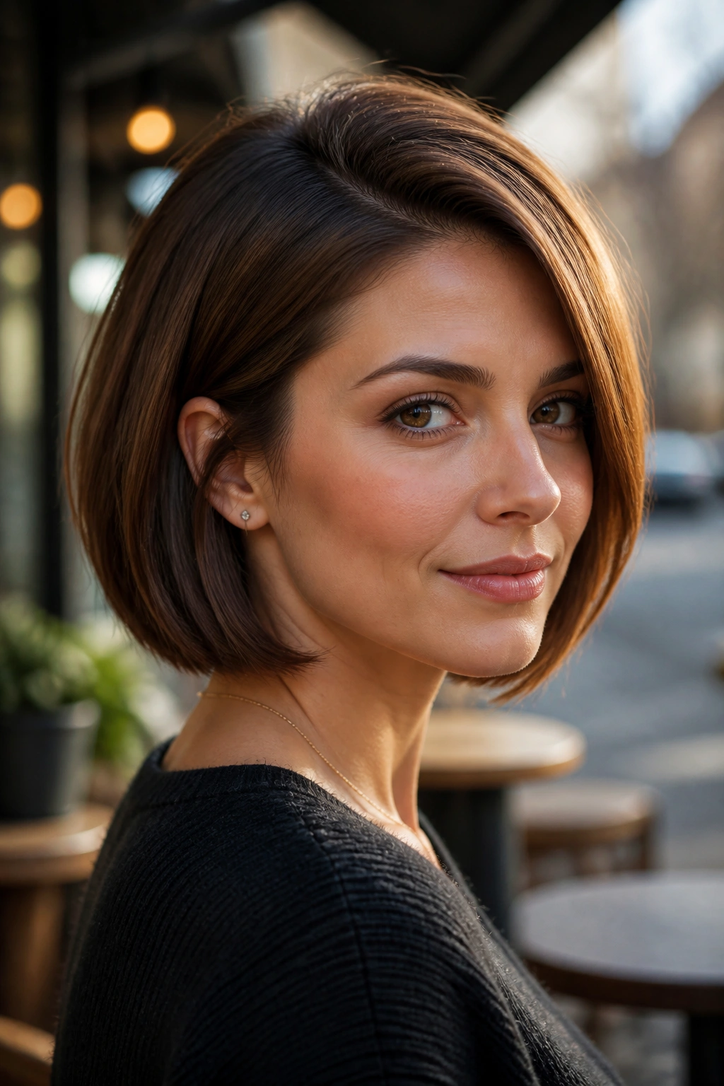 Real person with warm walnut bob and side part showing lift at crown