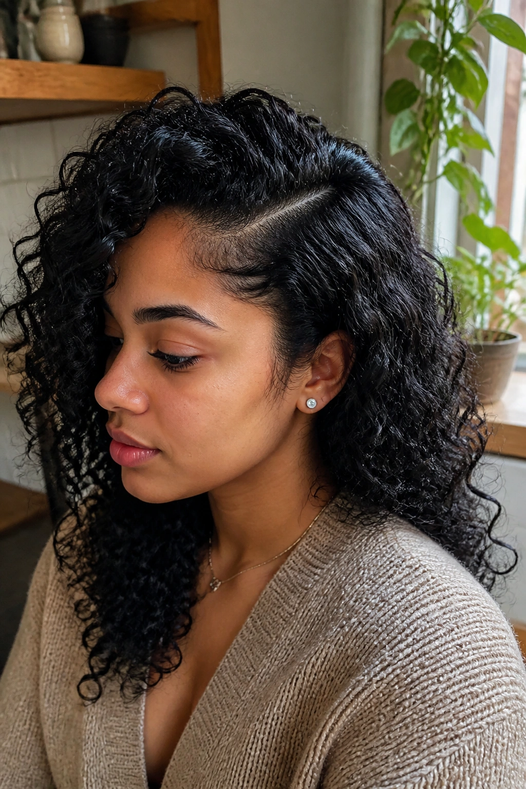 Real woman with a side-parted wash-and-go hairstyle showing root lift.