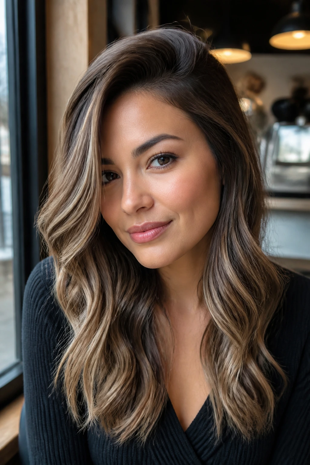 Close-up of a real woman with side-part waves and crown lift in ash brown balayage.