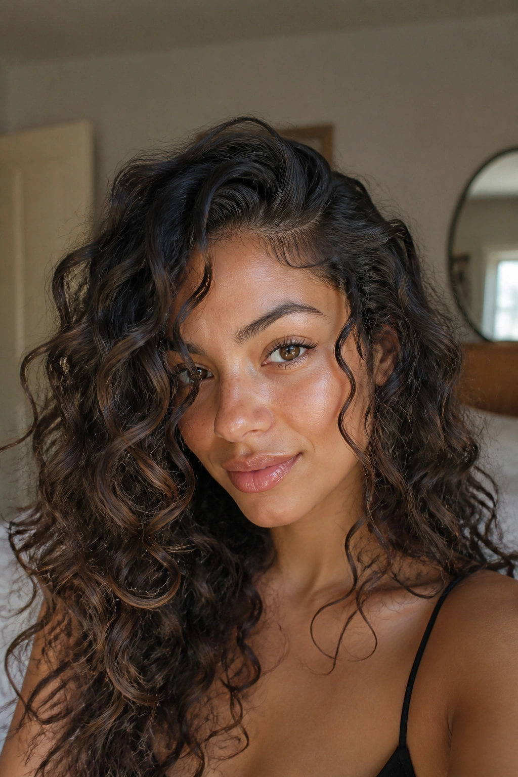 Close-up of side-part waves with a soft face frame on a real person in warm window light