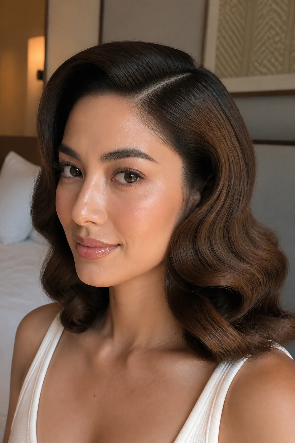 Close-up of a woman with side-part Hollywood waves
