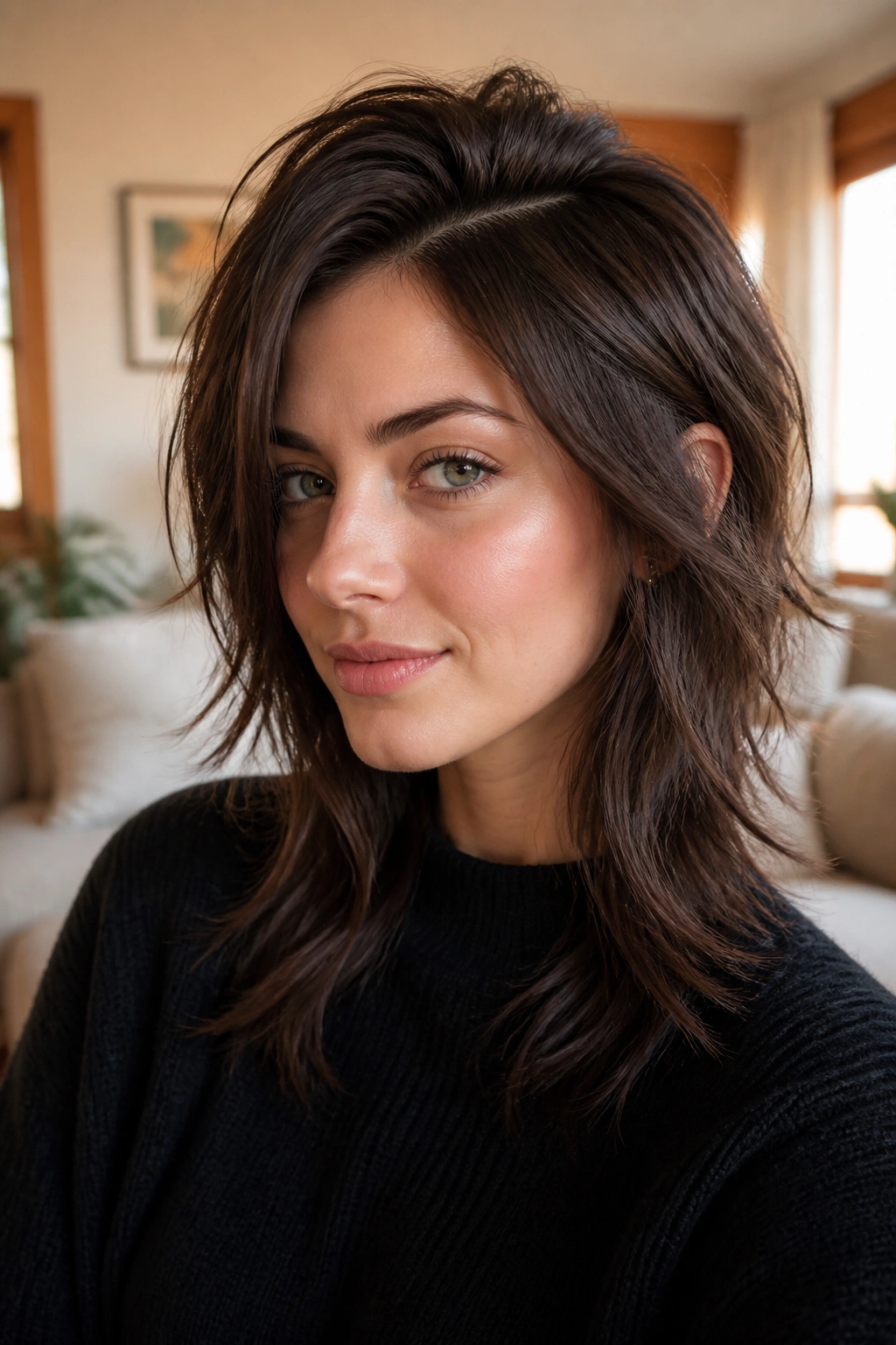 Portrait of a real woman with a side-part wolf cut showing root lift and asymmetry.