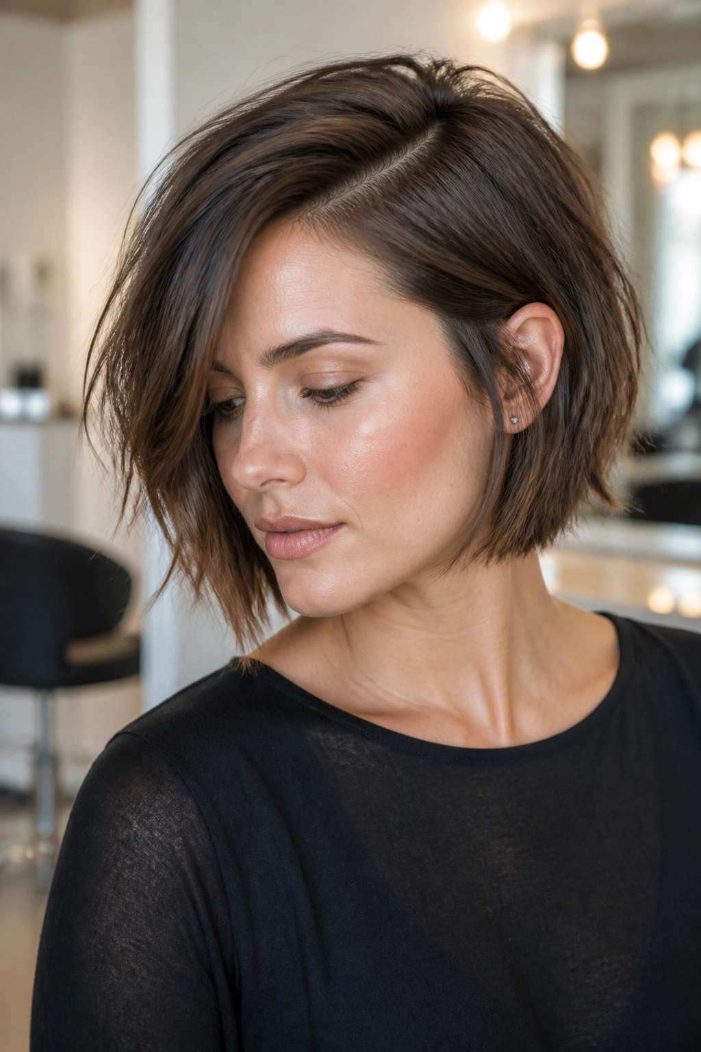 Portrait of a woman with a side-parted choppy bob.