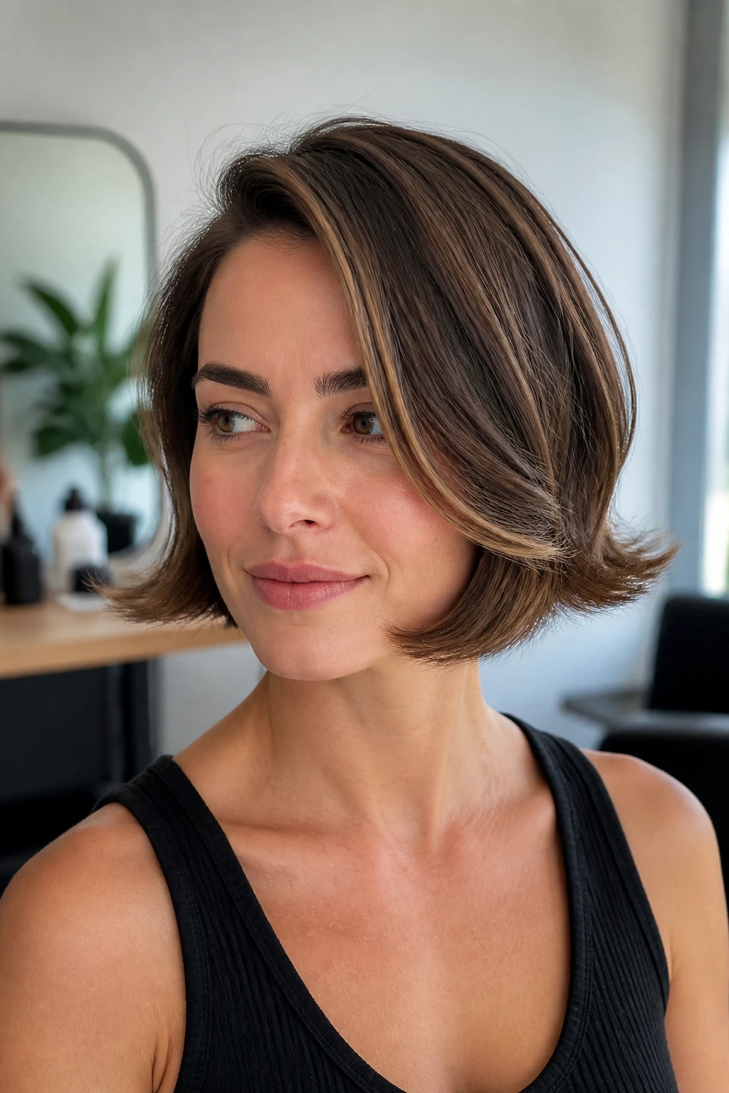 Portrait of real person with side-parted bob and flipped ends in soft natural light
