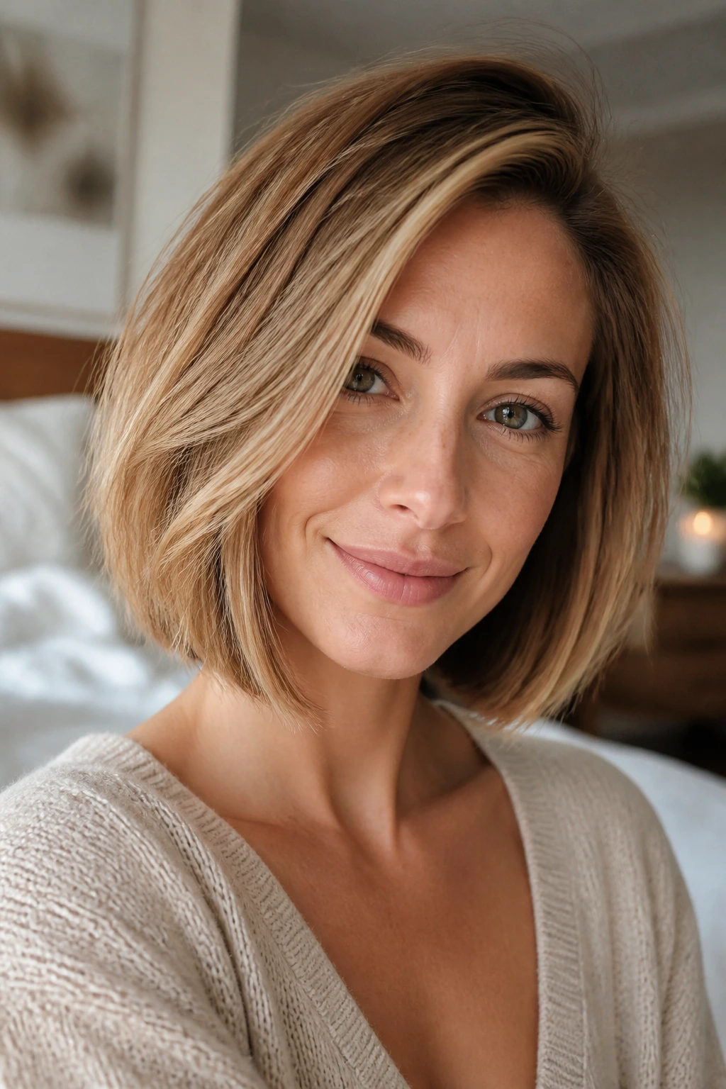 Close-up portrait of a real woman with a side-parted bob and crown lift