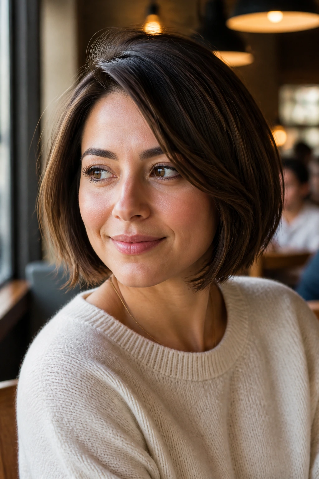 Close-up of a real woman with a side-parted classic bob and soft ends