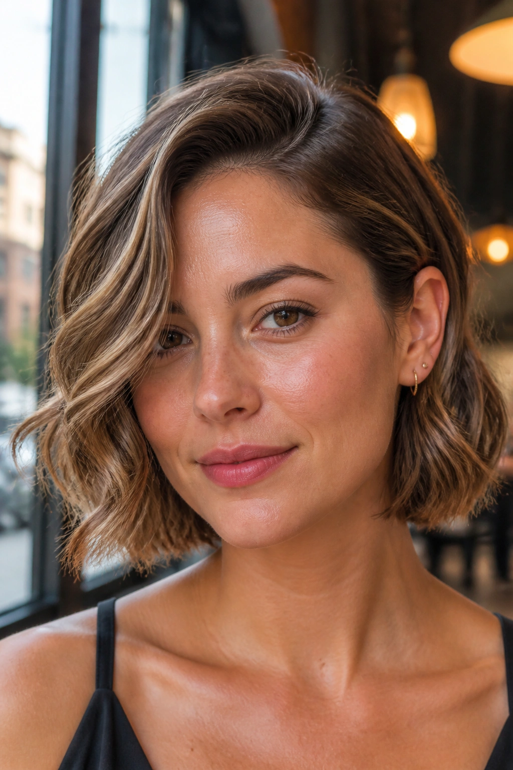 Portrait of a woman with a side-parted wavy bob in a sunlit cafe setting.