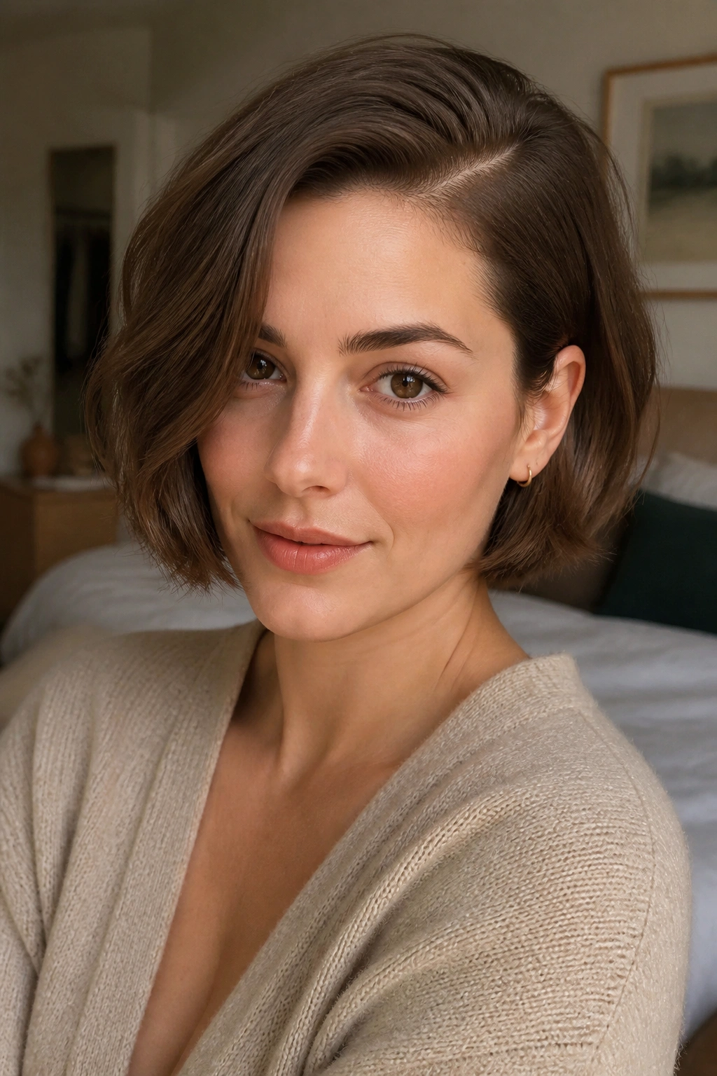 Close-up of a real woman with a side-parted chin-length bob