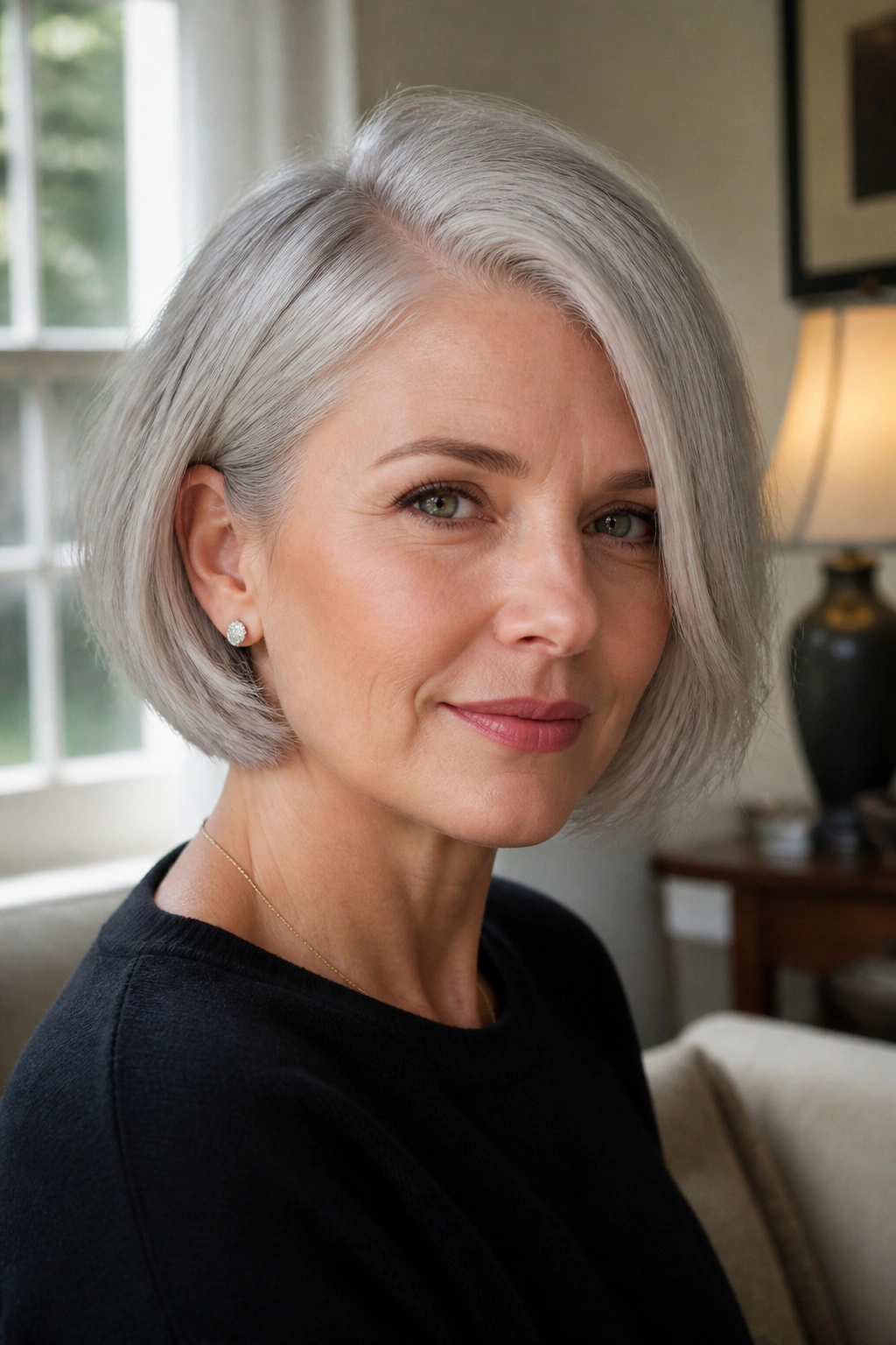 Close-up portrait of a real woman with a side-parted chin-length silver bob under soft window light