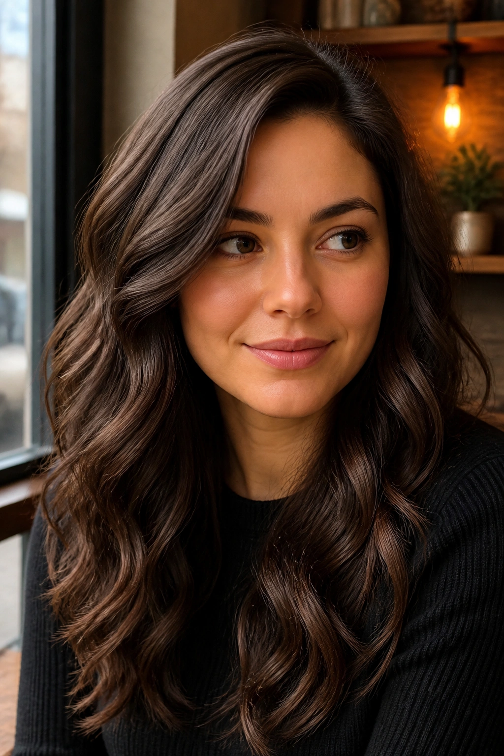 Portrait of a woman with side-parted chocolate waves and off-center part in warm cafe light
