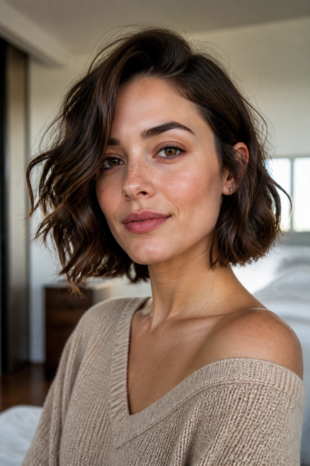 Close-up of a real woman wearing a shoulder-length wavy bob with a side part