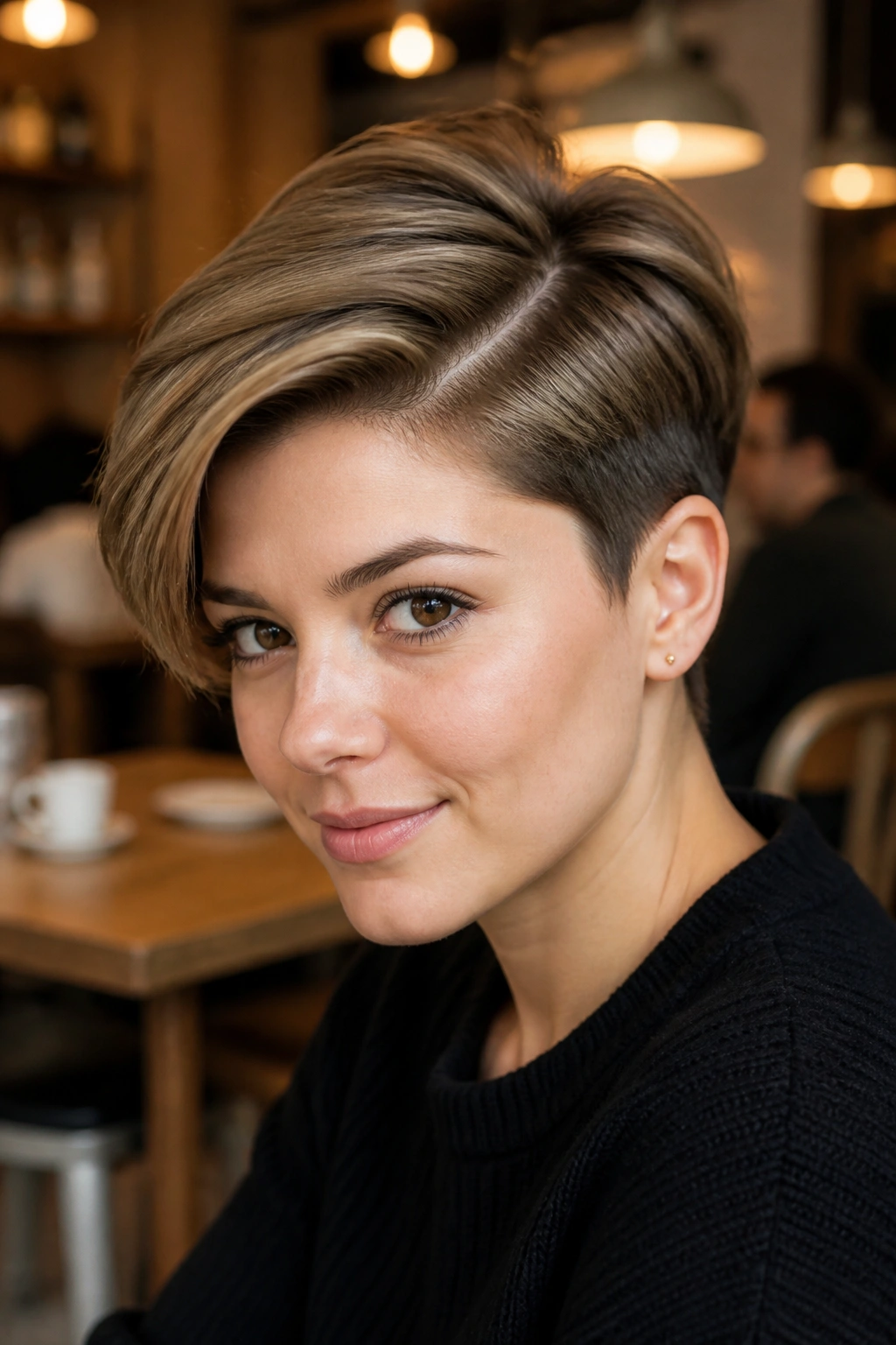 Close-up of a real person with a deep side part in warm cafe light