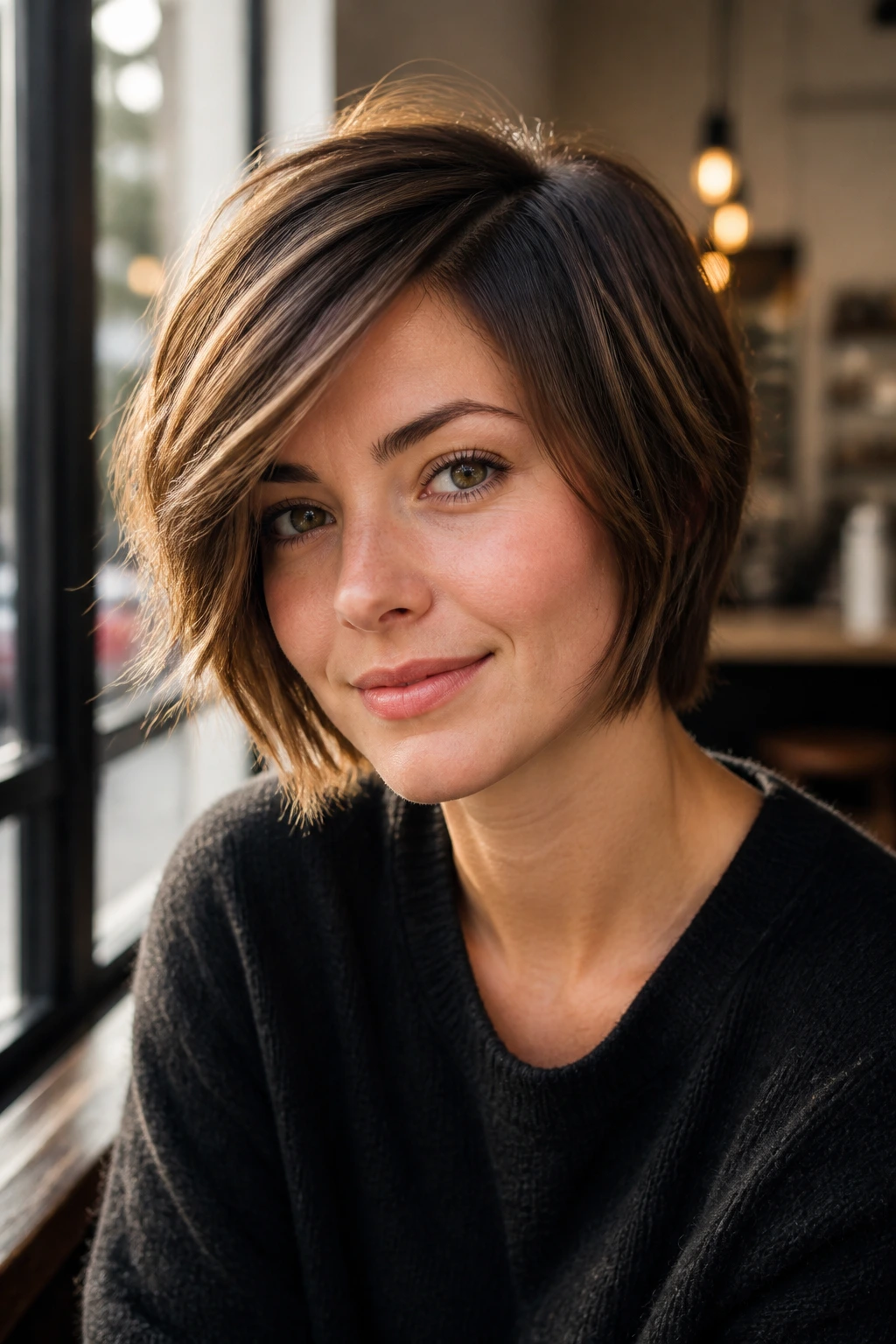 Close-up of a real woman in a side-parted crop with cheekbone layers.