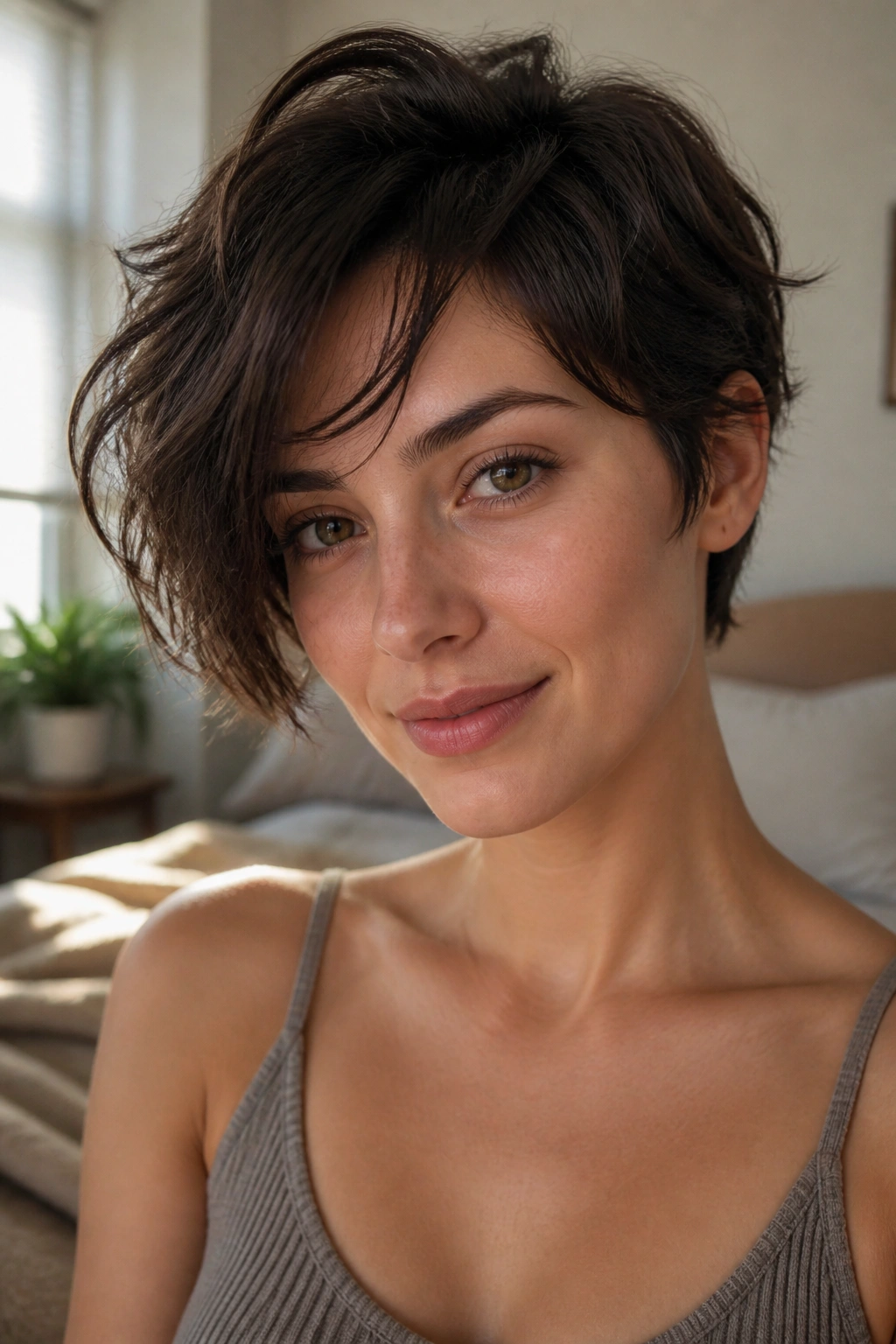 Close-up of a real person with side-parted crop and floating fringe