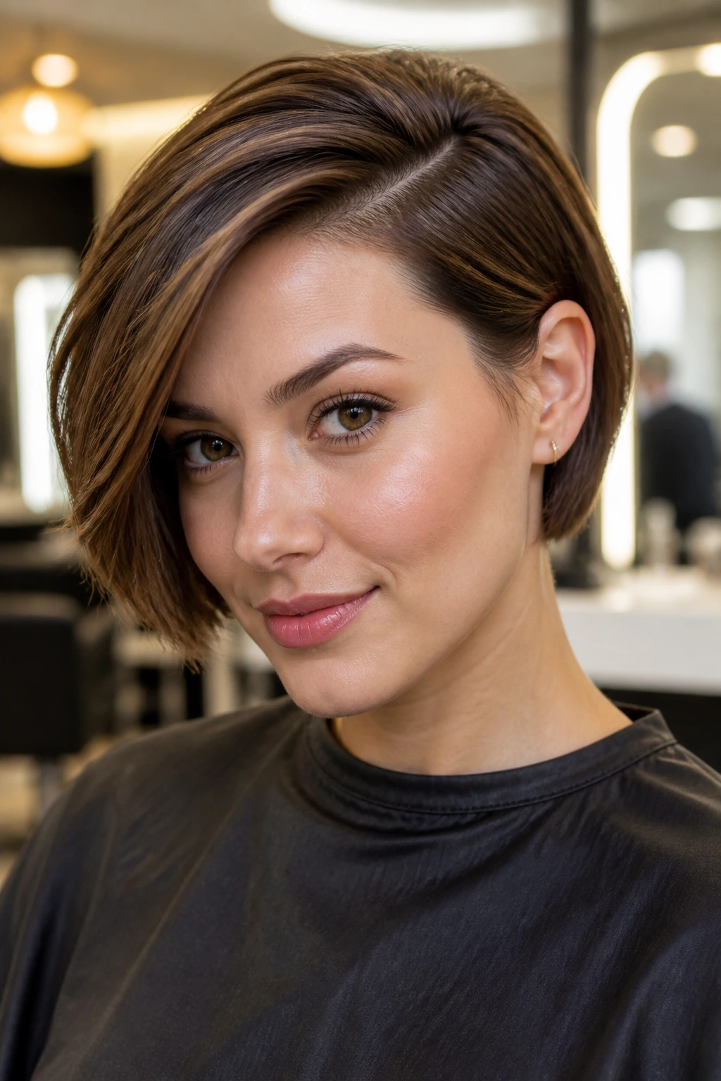 Real person with a deep side part and tuck-behind-ear length, cheekbone exposed.