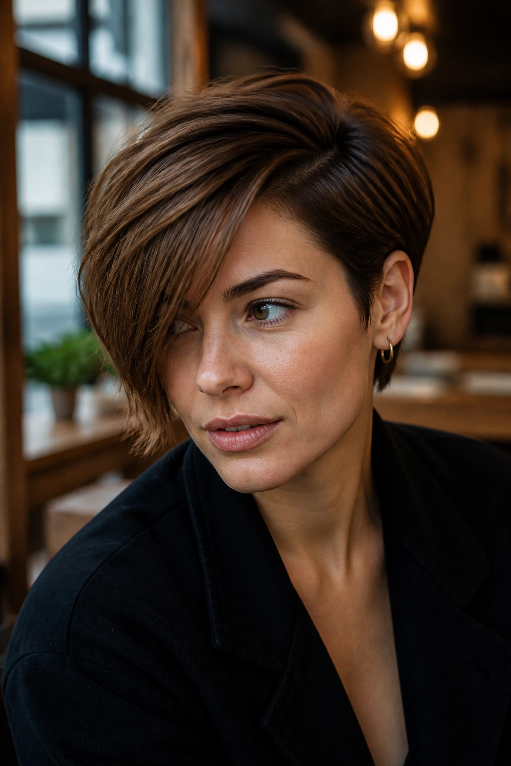 Real person with side-parted crop and long fringe in a chic cafe setting