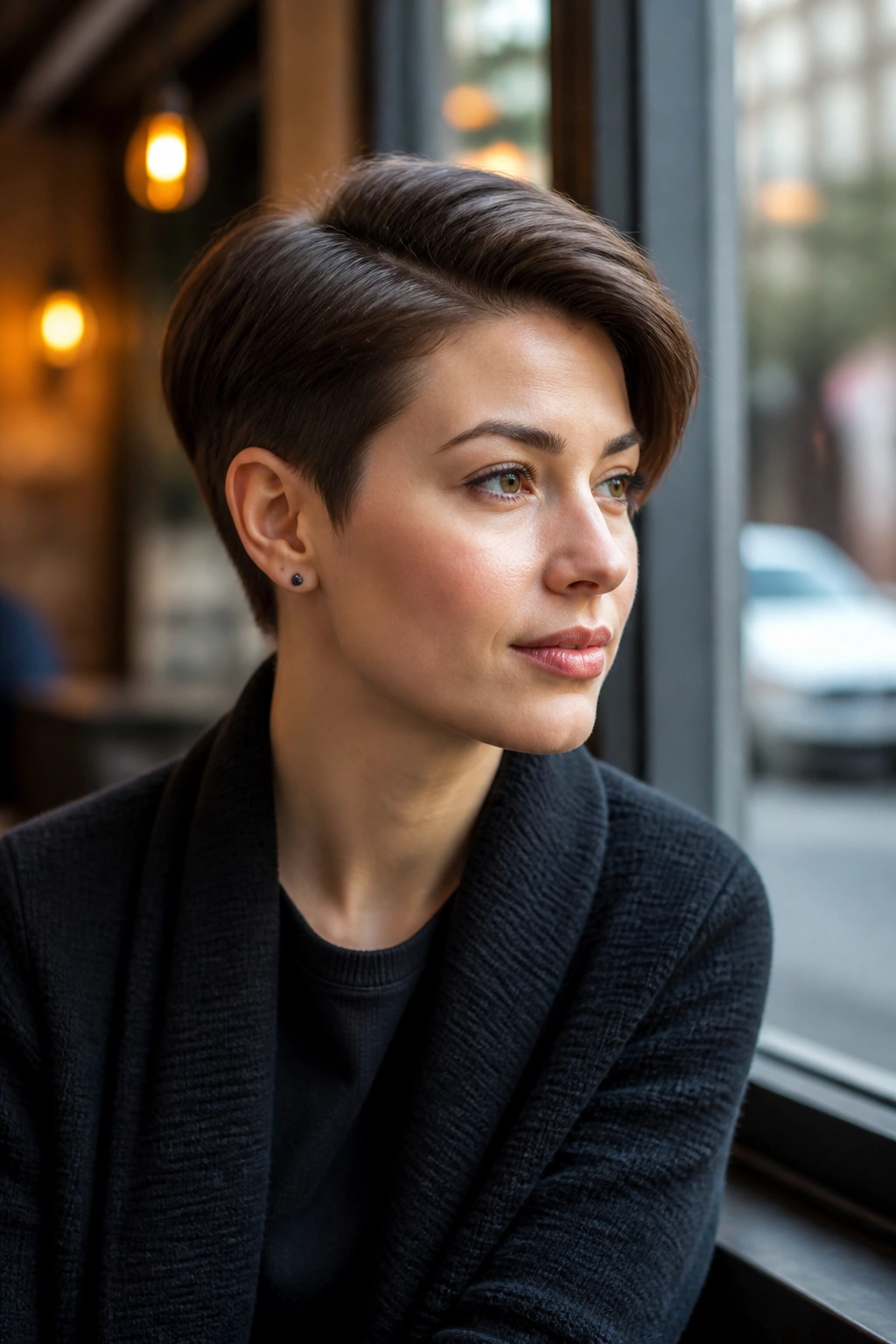Three-quarter portrait of a person with a side-parted boyish crop in a cafe setting