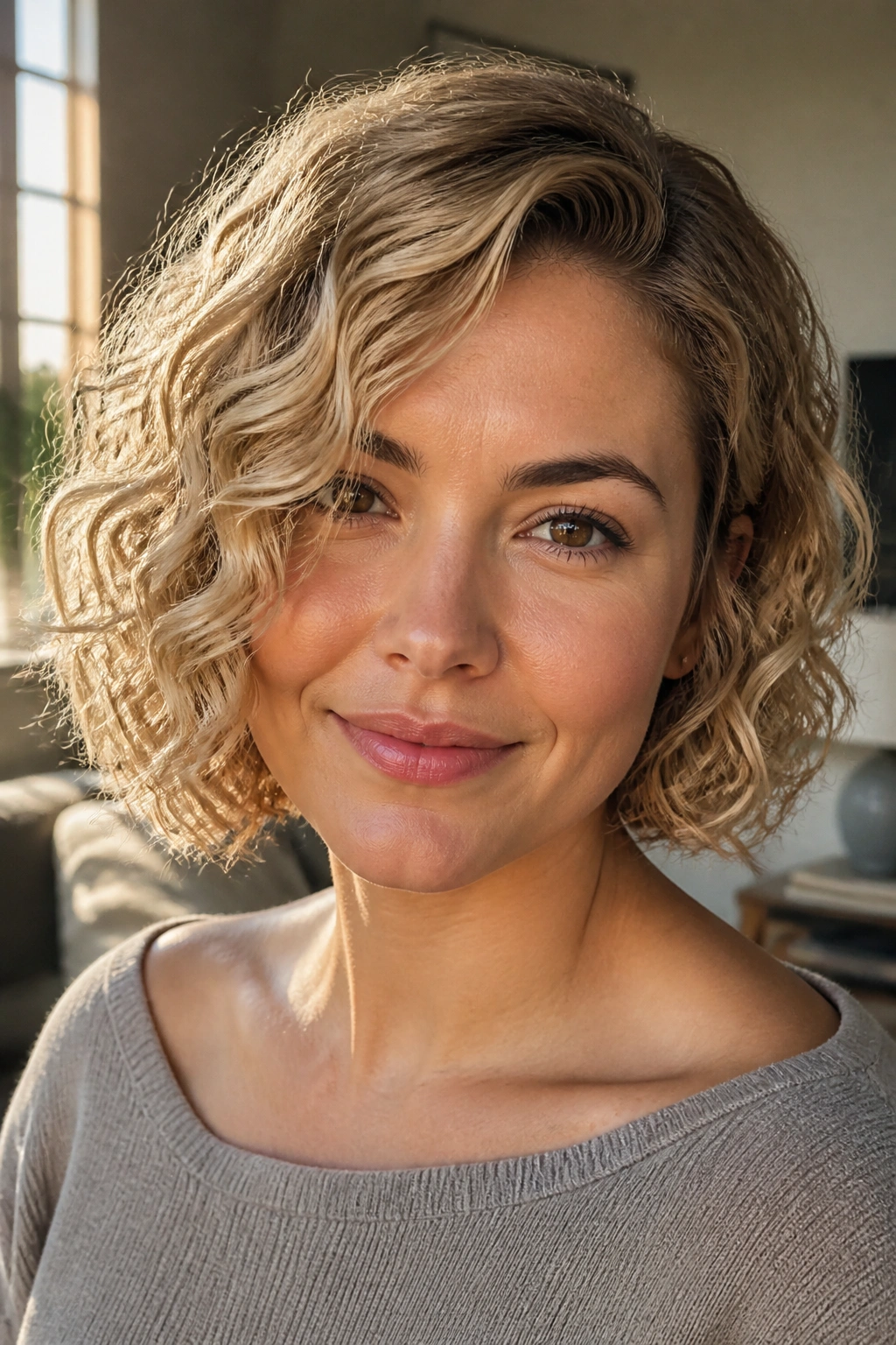 Close-up of a real woman with a side-parted curly blonde bob under soft window light