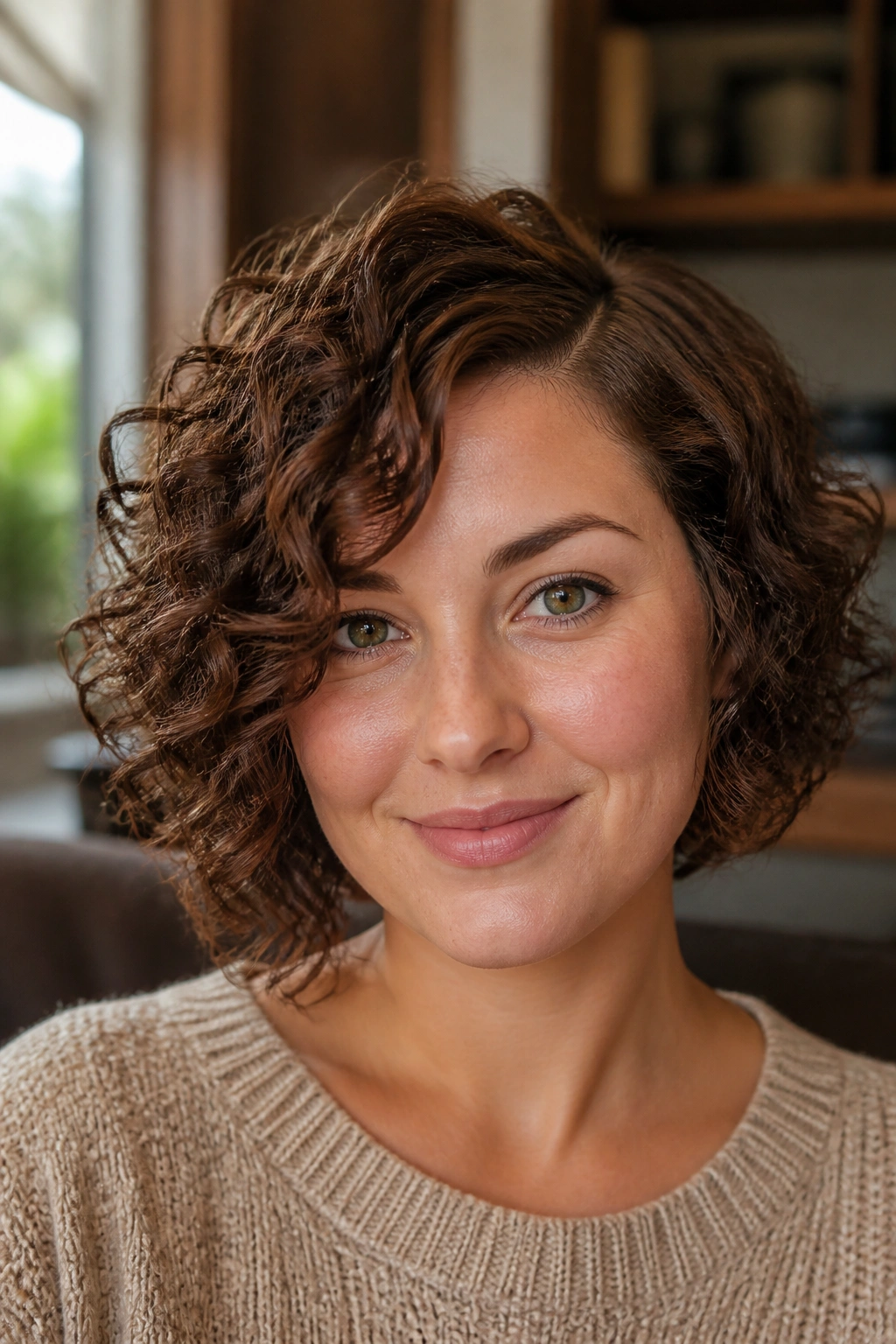 Close-up of a woman with a side-parted curly bob framing her cheeks.