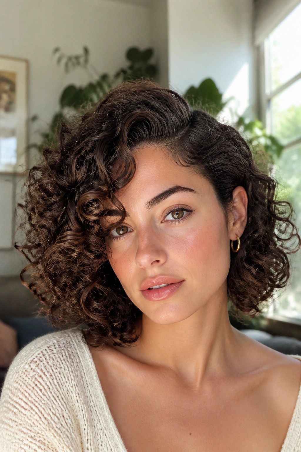Close-up of real woman with side-parted curly cut and lifted crown