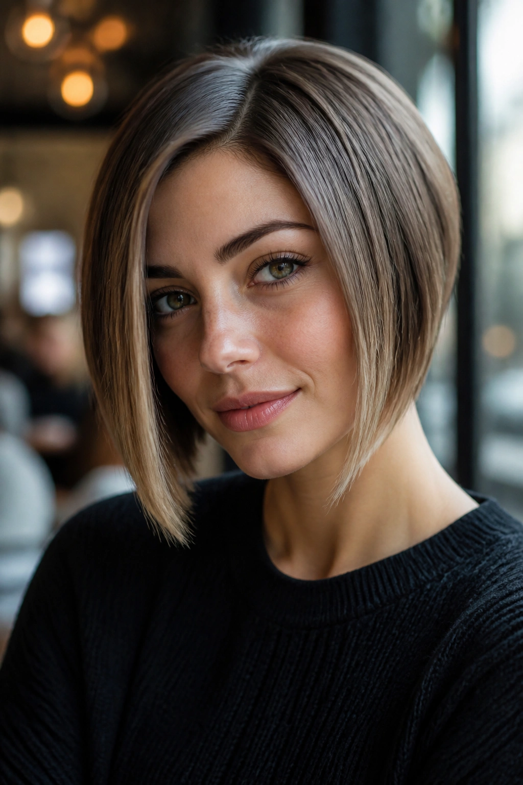 Close-up portrait of a real woman with a side-parted cut and long front panels