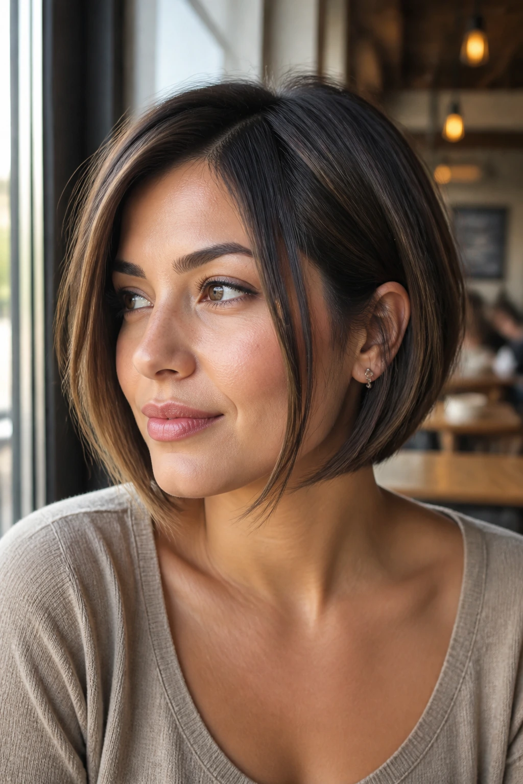 Portrait of a woman with a side-parted face-framing bob.