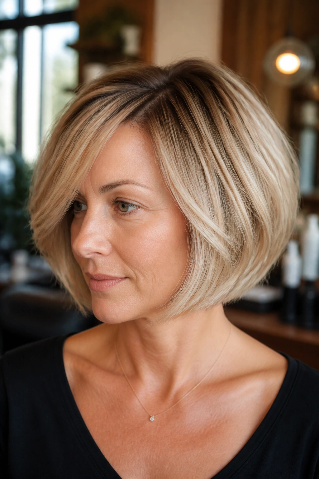 Close-up portrait of a real woman with a side-parted feathered bob in champagne blonde with darker roots