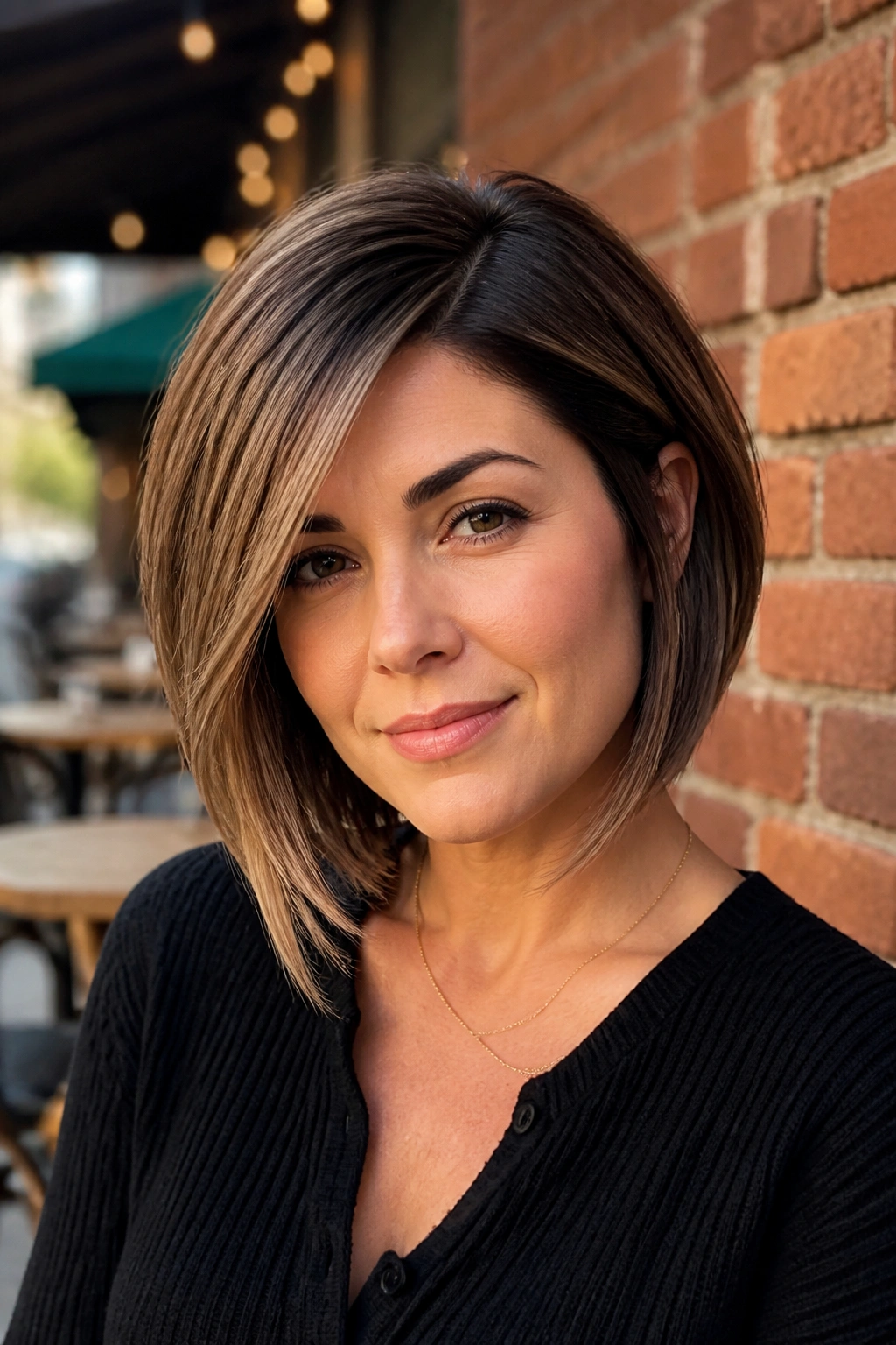 Close-up of a real woman with a side-parted graduated lob.