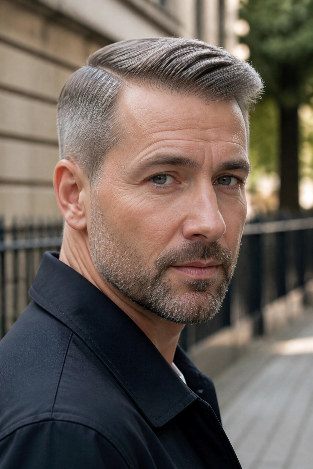Portrait of a man with a side-parted grey Ivy League haircut outdoors