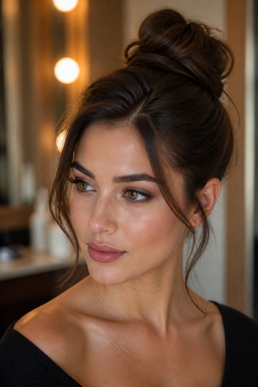 Real woman with side-parted high bun and face-framing pieces in a chic room