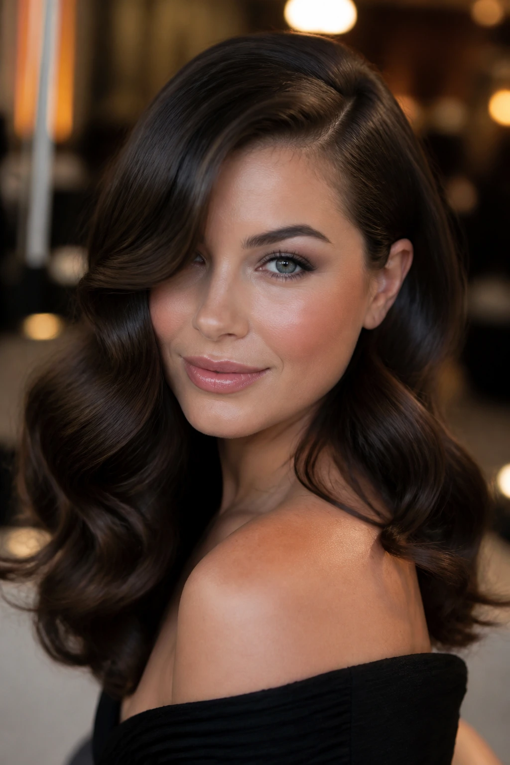 Close-up of a real woman with a deep side part and Hollywood waves