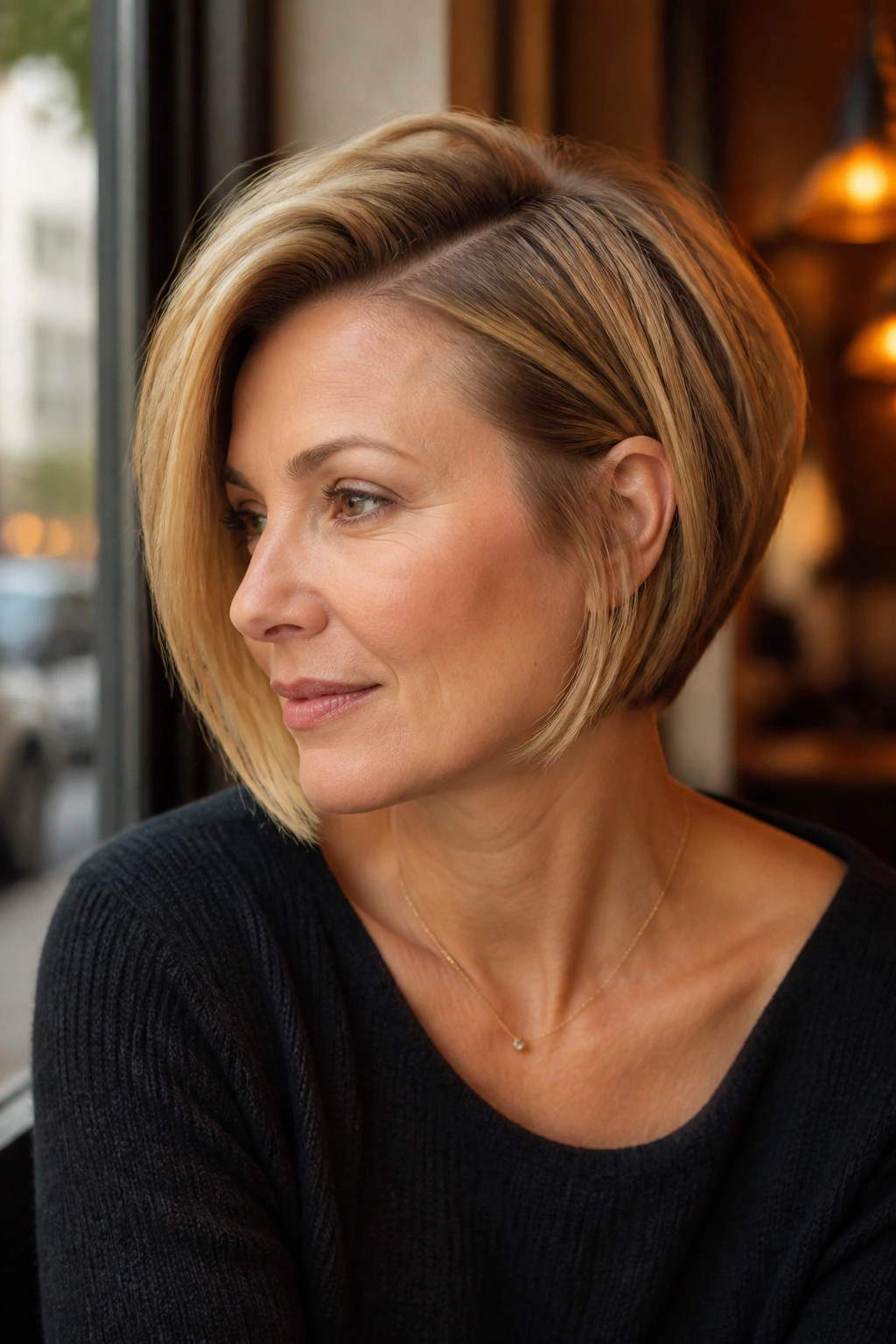 Real woman with deep crown lift side-parted inverted bob in cafe lighting.