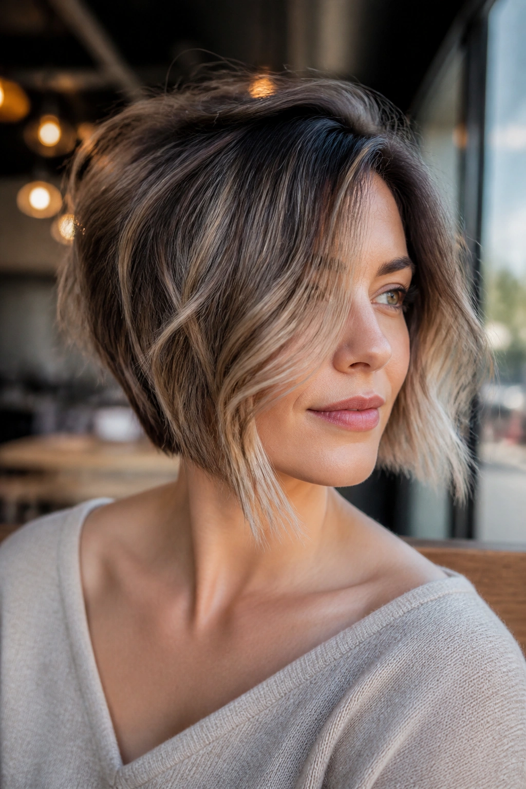 Real woman with side-parted inverted bob and airy face framing