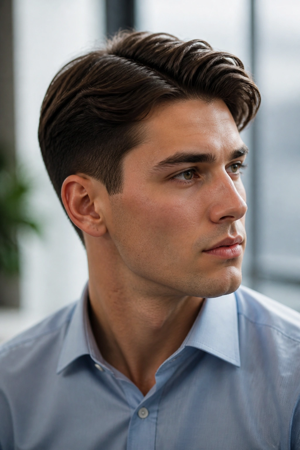 Portrait of a man with side-parted layered haircut and clean taper.