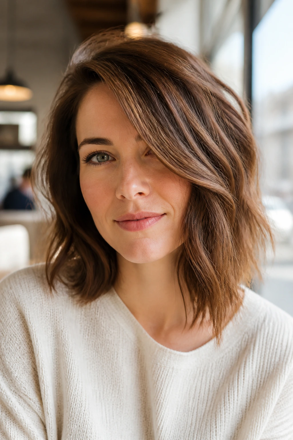 Portrait of woman with side-parted lob and asymmetric layers at cafe window