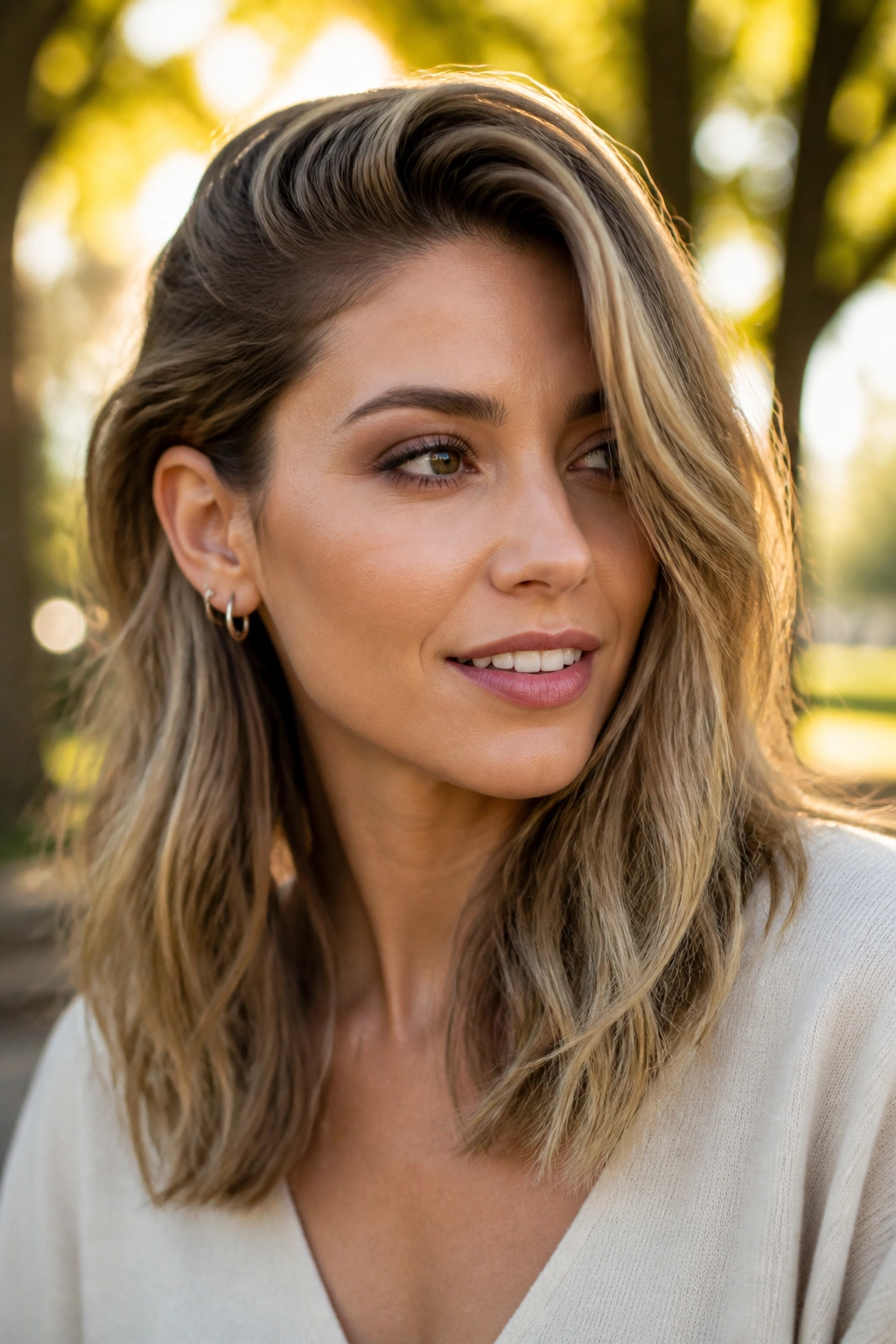 Close-up portrait of a real woman with a deep side part and long layers in golden hour light