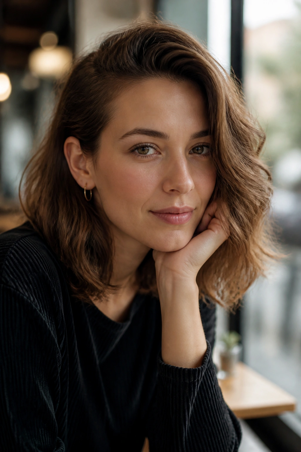 Close-up of a real woman with a deep side part and shoulder-length wavy hair in cafe light