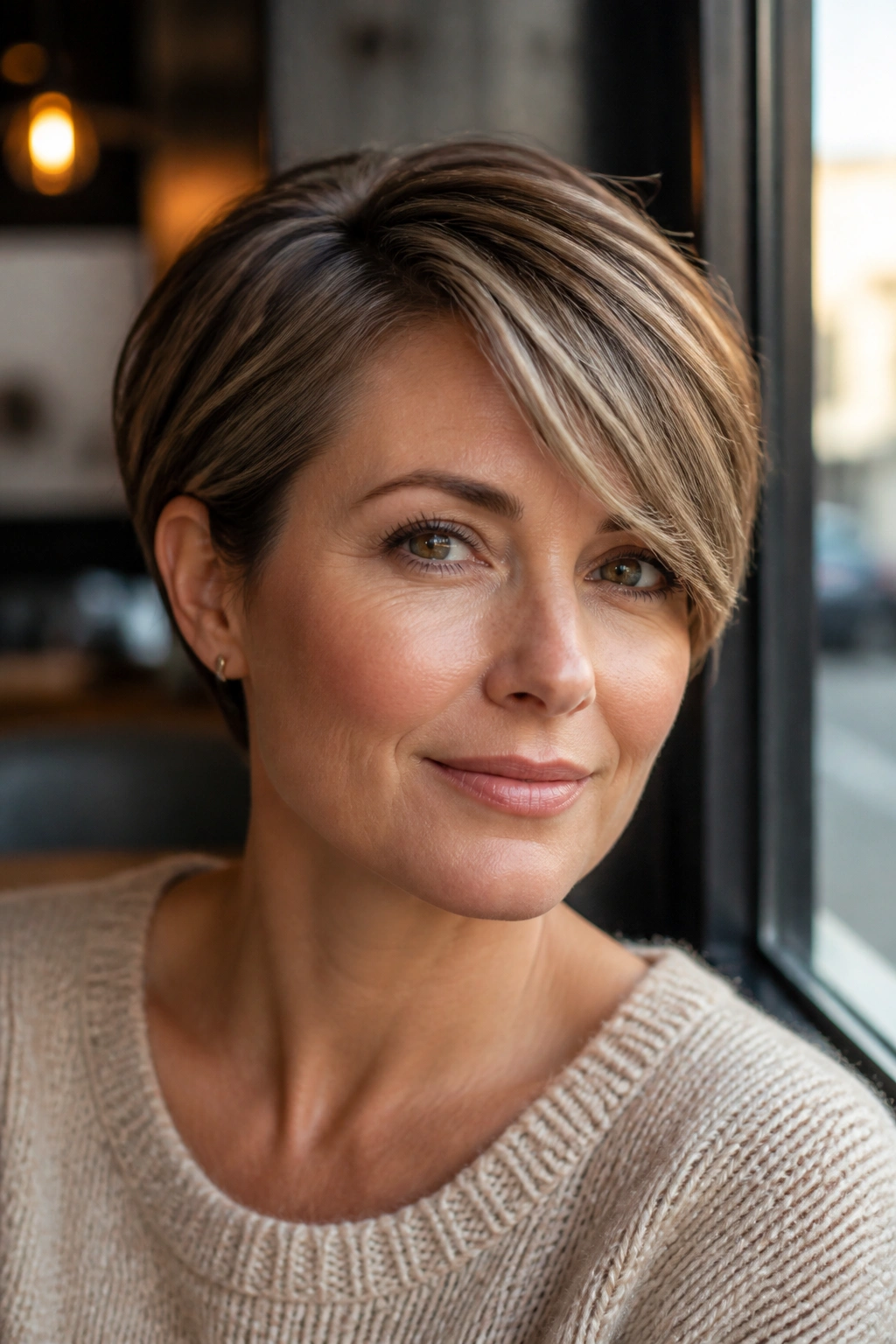 Close-up portrait of a woman with a side-parted pixie bob hairstyle