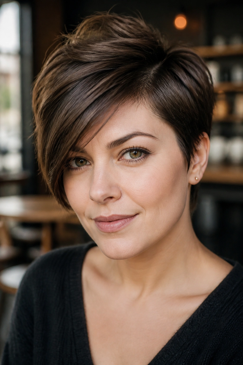 Close-up of real person with side-parted pixie