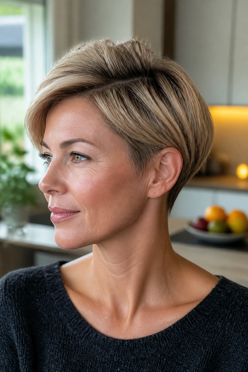 Close-up of a real person with a side-parted pixie showing top volume