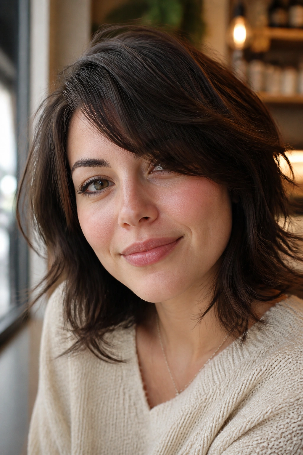 Close-up portrait of a real woman with a side-parted shag and airy ends