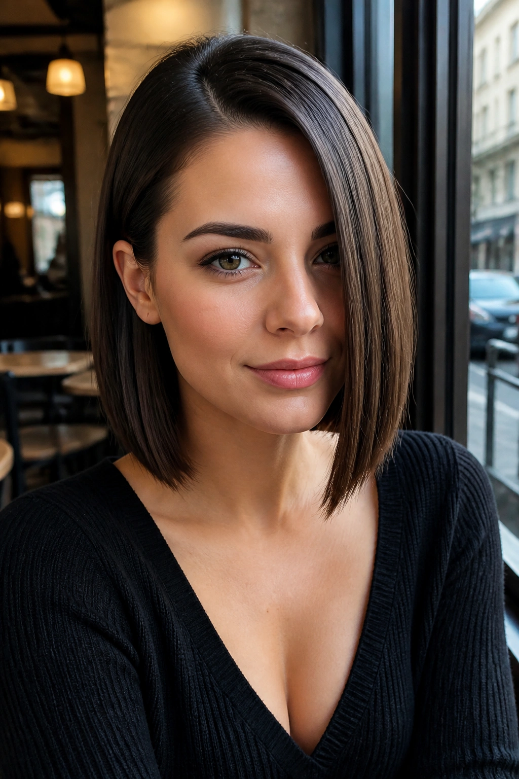 Real woman with side-parted sleek bob in a close-up portrait