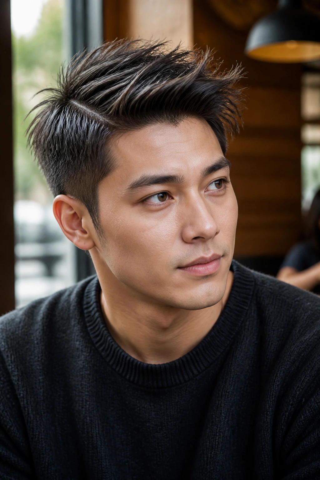 Portrait of a real person with a side-parted spiky cut and diagonal part