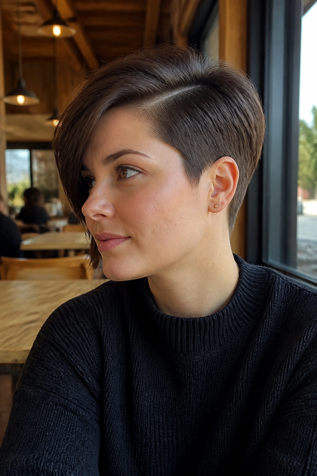 Close-up portrait of a real woman wearing a side-parted tapered crop
