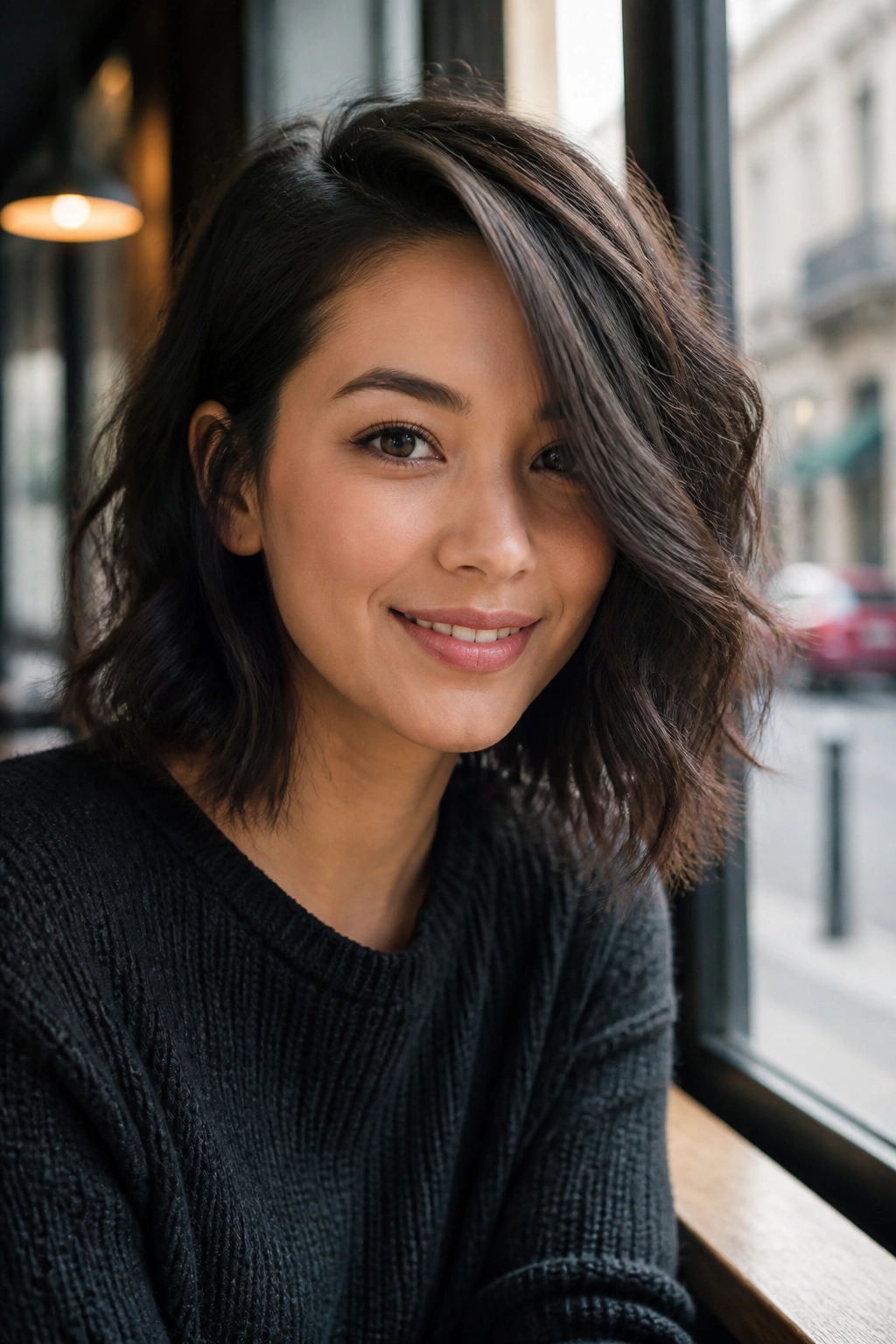 Close-up portrait of a woman with a deep side part and textured lob in cafe daylight
