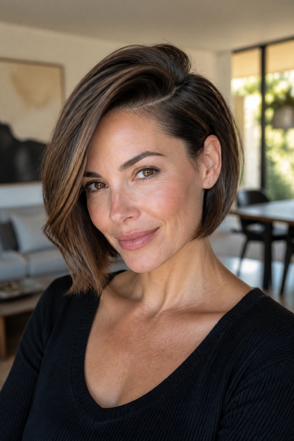 Portrait of a real woman with a side-parted tucked bob.